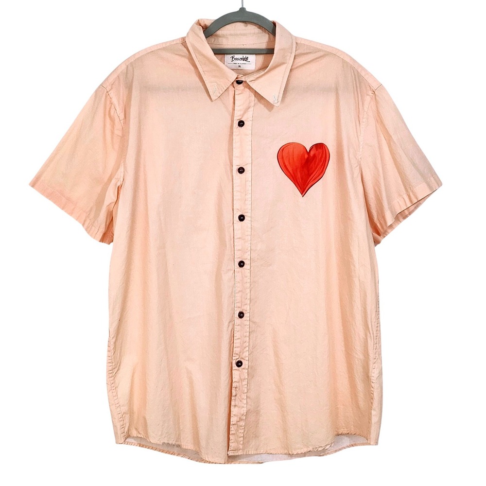 BoozeLeLe Short Sleeve Button Down Shirt Adult XL Peach Heart Graphic‎ Cotton